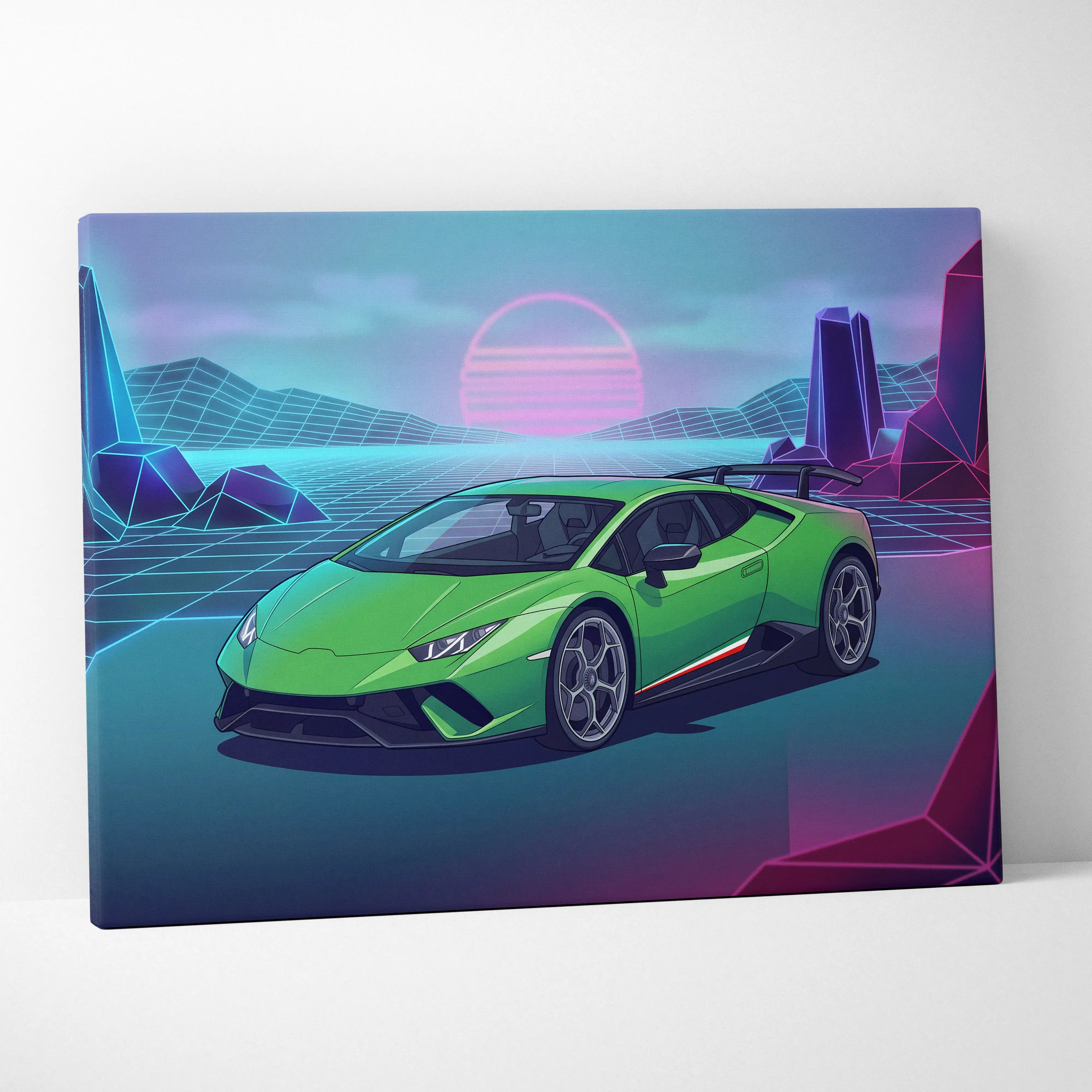 Lamborghini Huracan Inspired Green Purple Canvas Wall Art, Vaporwave Supercar Artwork, Neon Grid Garage Decor, Retro Futuristic Exotic Print