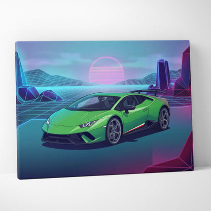 Lamborghini Huracan Inspired Green Purple Canvas Wall Art, Vaporwave Supercar Artwork, Neon Grid Garage Decor, Retro Futuristic Exotic Print