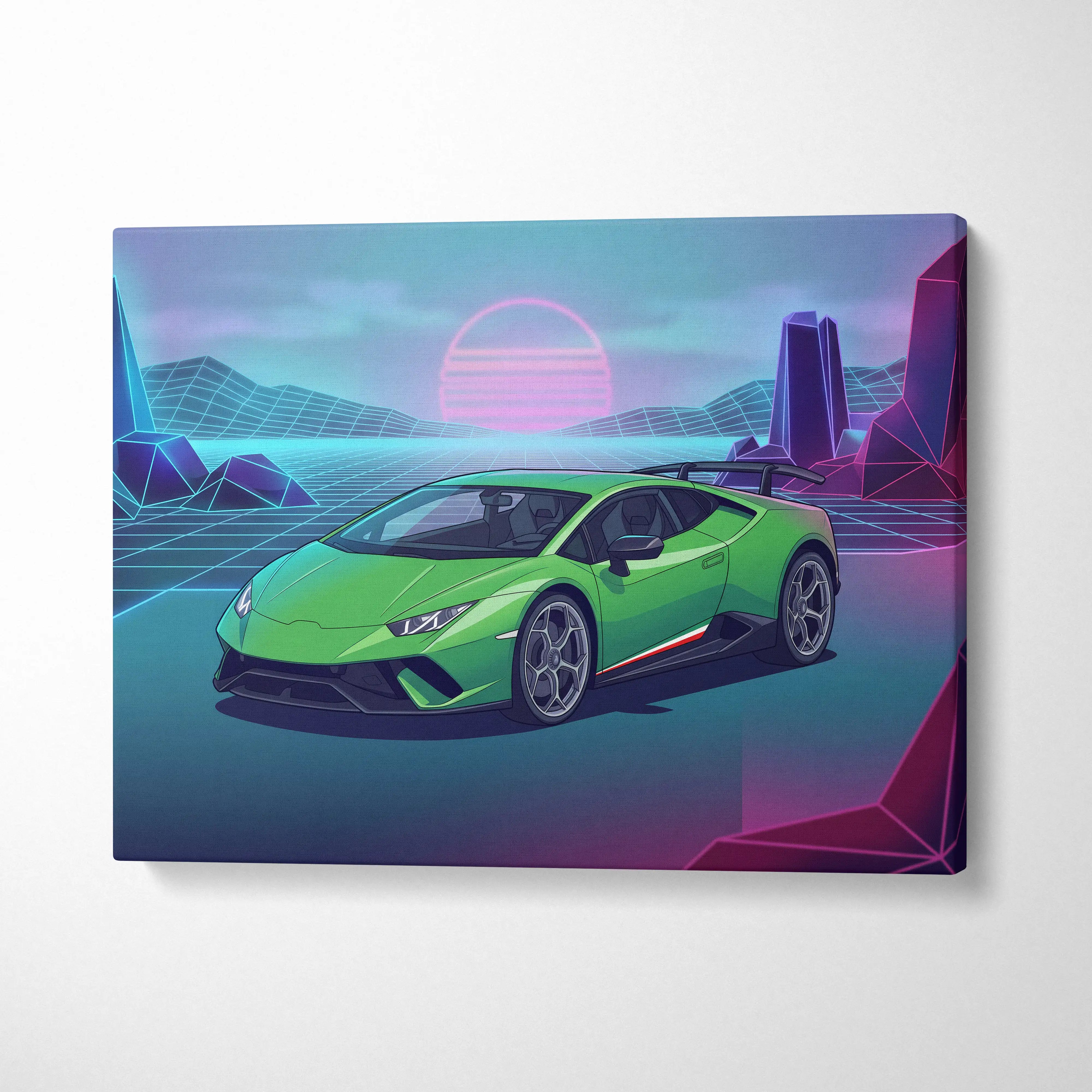 Vibrant green lamborghini huracán sports car in retro futuristic vaporwave digital art on canvas wall decor