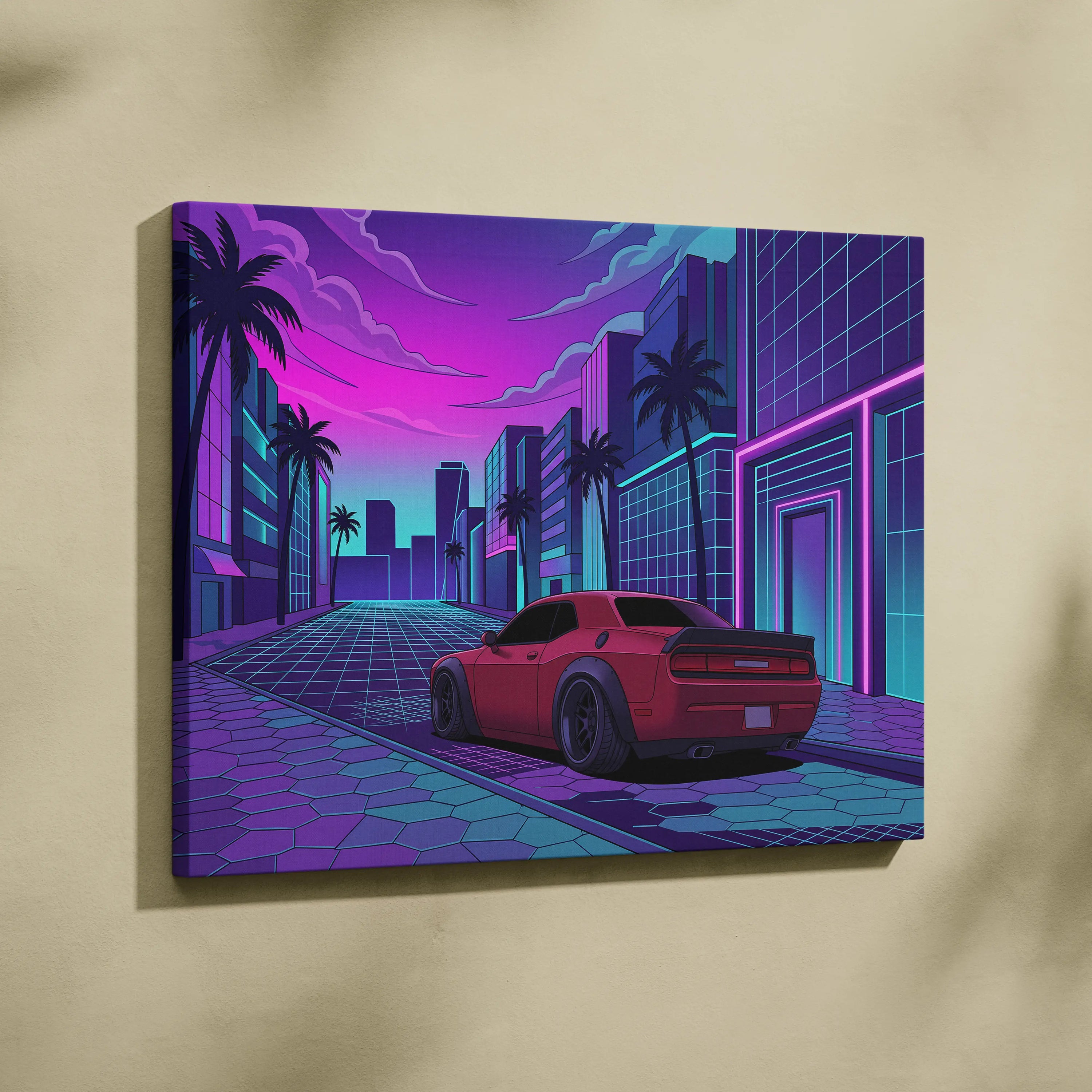 Dodge Challenger Inspired Red Purple Canvas Wall Art Vaporwave Muscle Car Artwork Neon City Garage Decor Retro Futuristic Palm Street Print