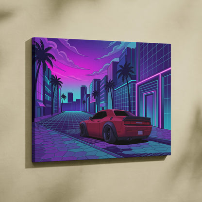Dodge Challenger Inspired Red Purple Canvas Wall Art Vaporwave Muscle Car Artwork Neon City Garage Decor Retro Futuristic Palm Street Print