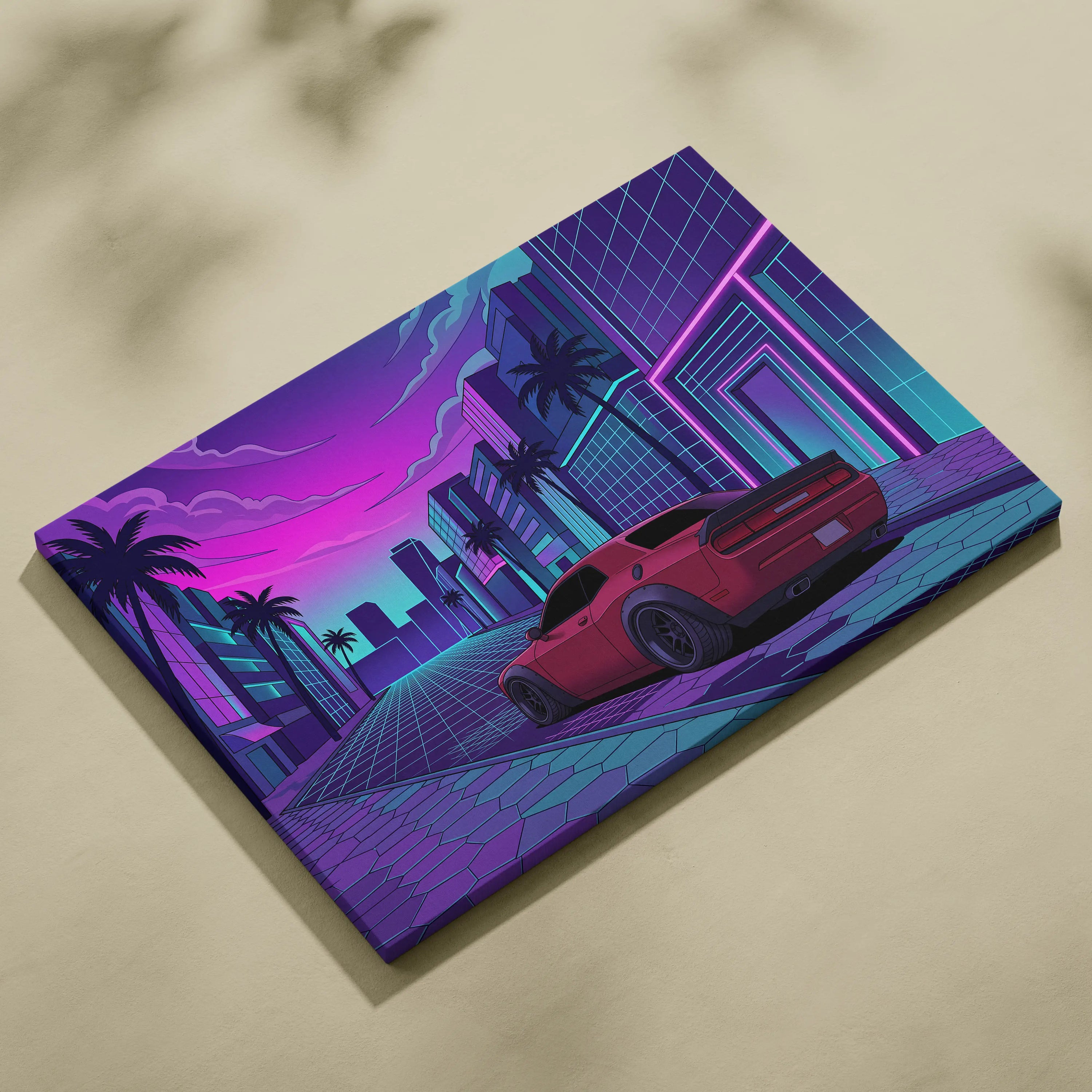Dodge Challenger Inspired Red Purple Canvas Wall Art Vaporwave Muscle Car Artwork Neon City Garage Decor Retro Futuristic Palm Street Print