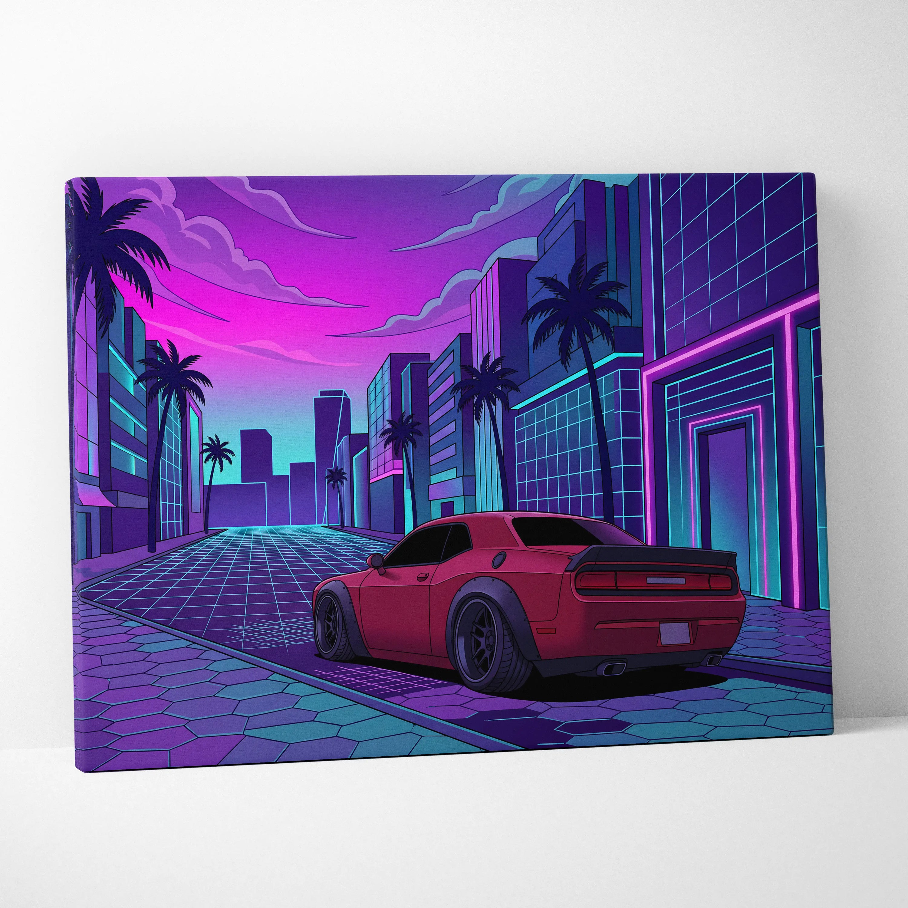 Dodge Challenger Inspired Red Purple Canvas Wall Art Vaporwave Muscle Car Artwork Neon City Garage Decor Retro Futuristic Palm Street Print