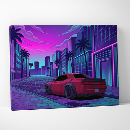 Dodge Challenger Inspired Red Purple Canvas Wall Art Vaporwave Muscle Car Artwork Neon City Garage Decor Retro Futuristic Palm Street Print