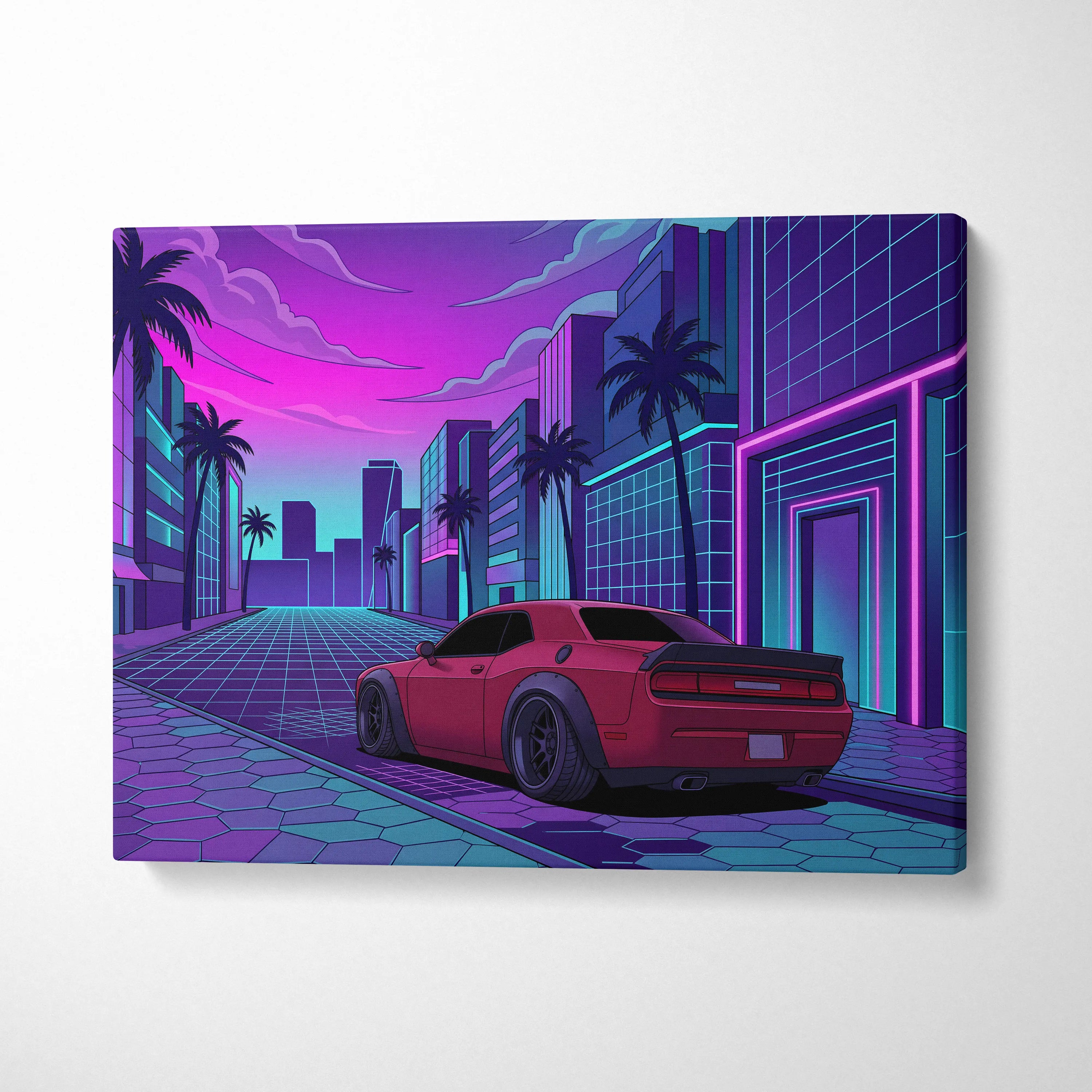 Dodge Challenger Inspired Red Purple Canvas Wall Art Vaporwave Muscle Car Artwork Neon City Garage Decor Retro Futuristic Palm Street Print