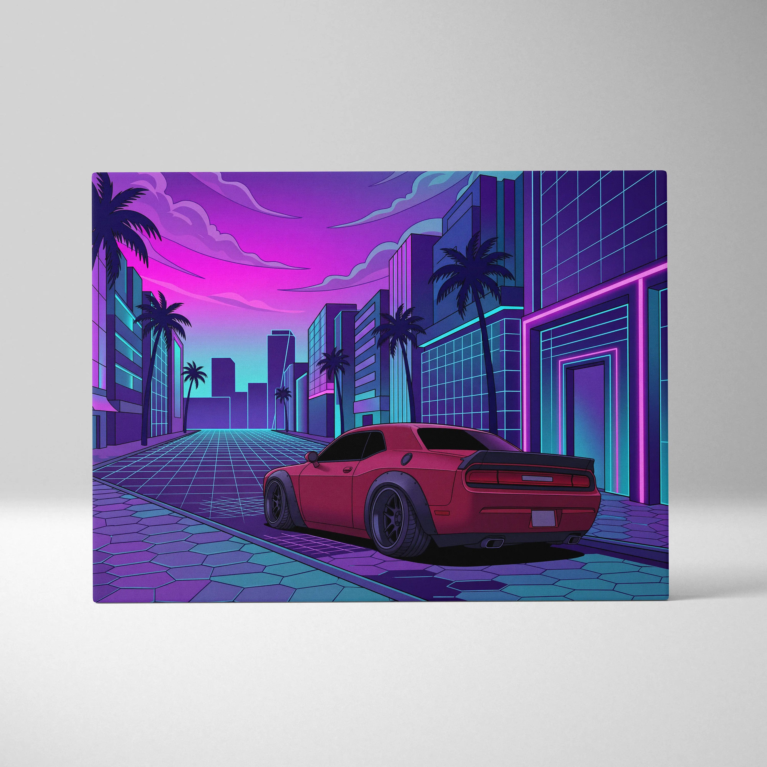 Dodge Challenger Inspired Red Purple Canvas Wall Art Vaporwave Muscle Car Artwork Neon City Garage Decor Retro Futuristic Palm Street Print