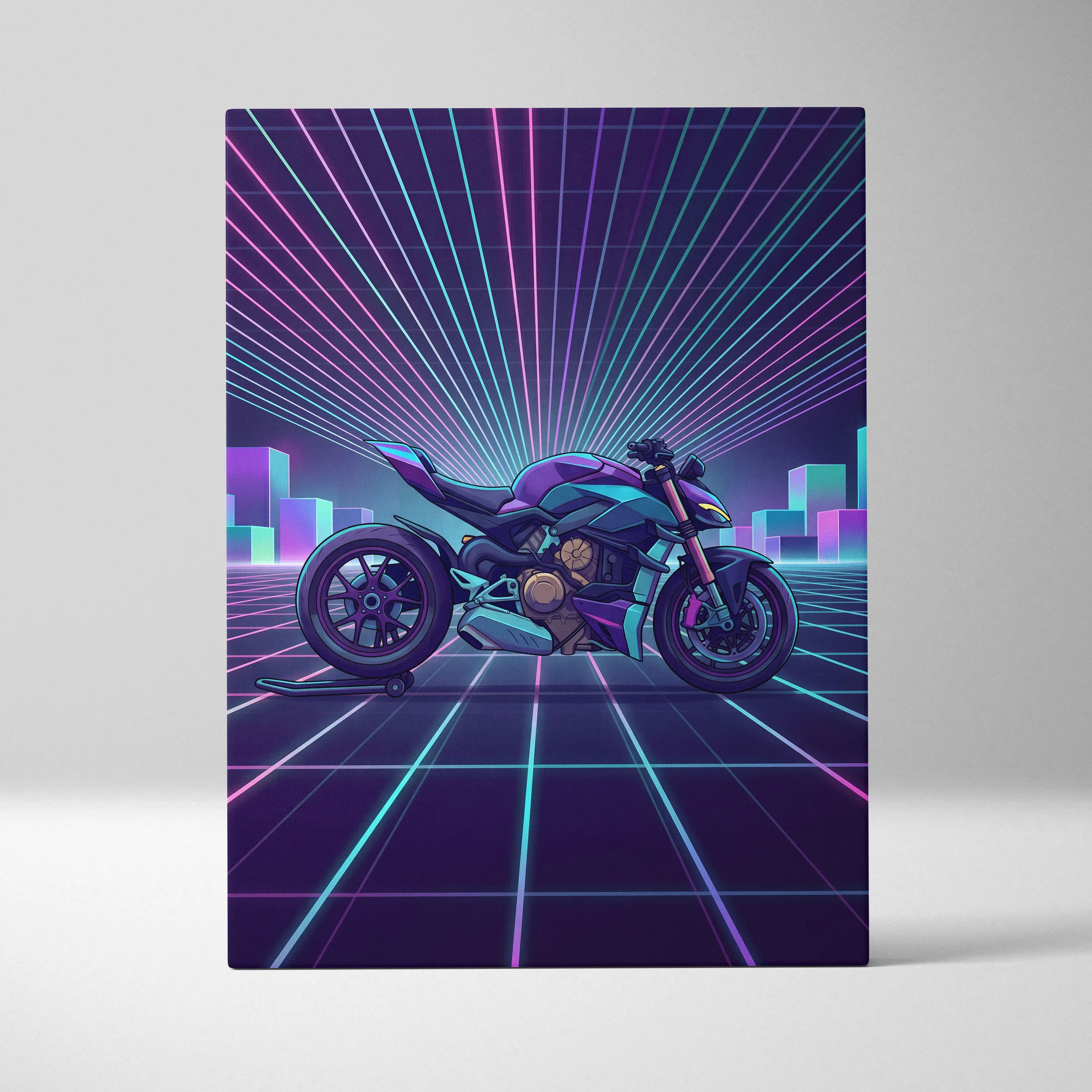 Ducati Streetfighter V4 Inspired Teal Purple Motorcycle Canvas Wall Art Vaporwave Neon Grid Superbike Artwork for Garage Decor Retro Futuristic Print