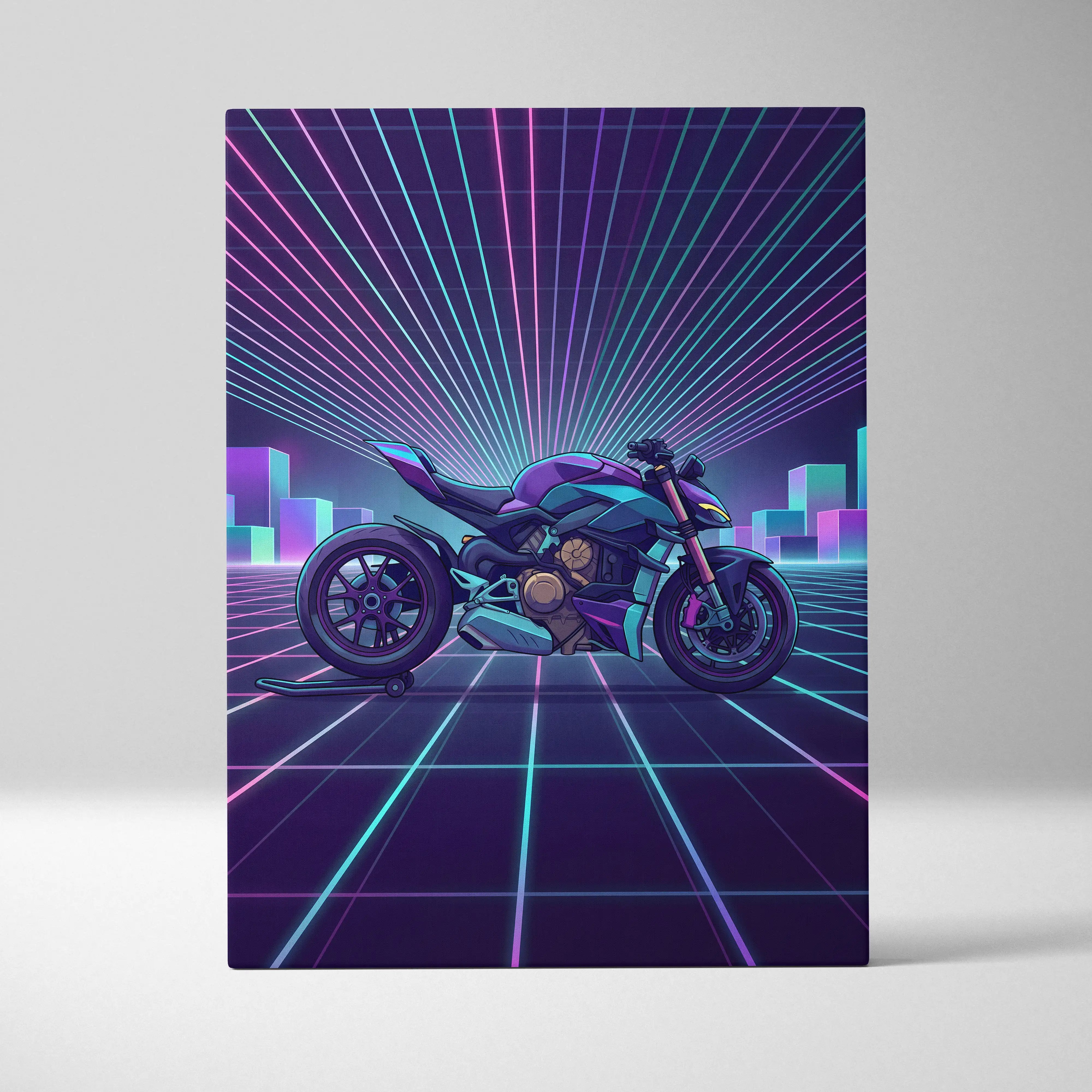 Ducati Streetfighter V4 Inspired Teal Purple Motorcycle Canvas Wall Art Vaporwave Neon Grid Superbike Artwork for Garage Decor Retro Futuristic Print
