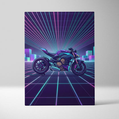 Ducati Streetfighter V4 Inspired Teal Purple Motorcycle Canvas Wall Art Vaporwave Neon Grid Superbike Artwork for Garage Decor Retro Futuristic Print