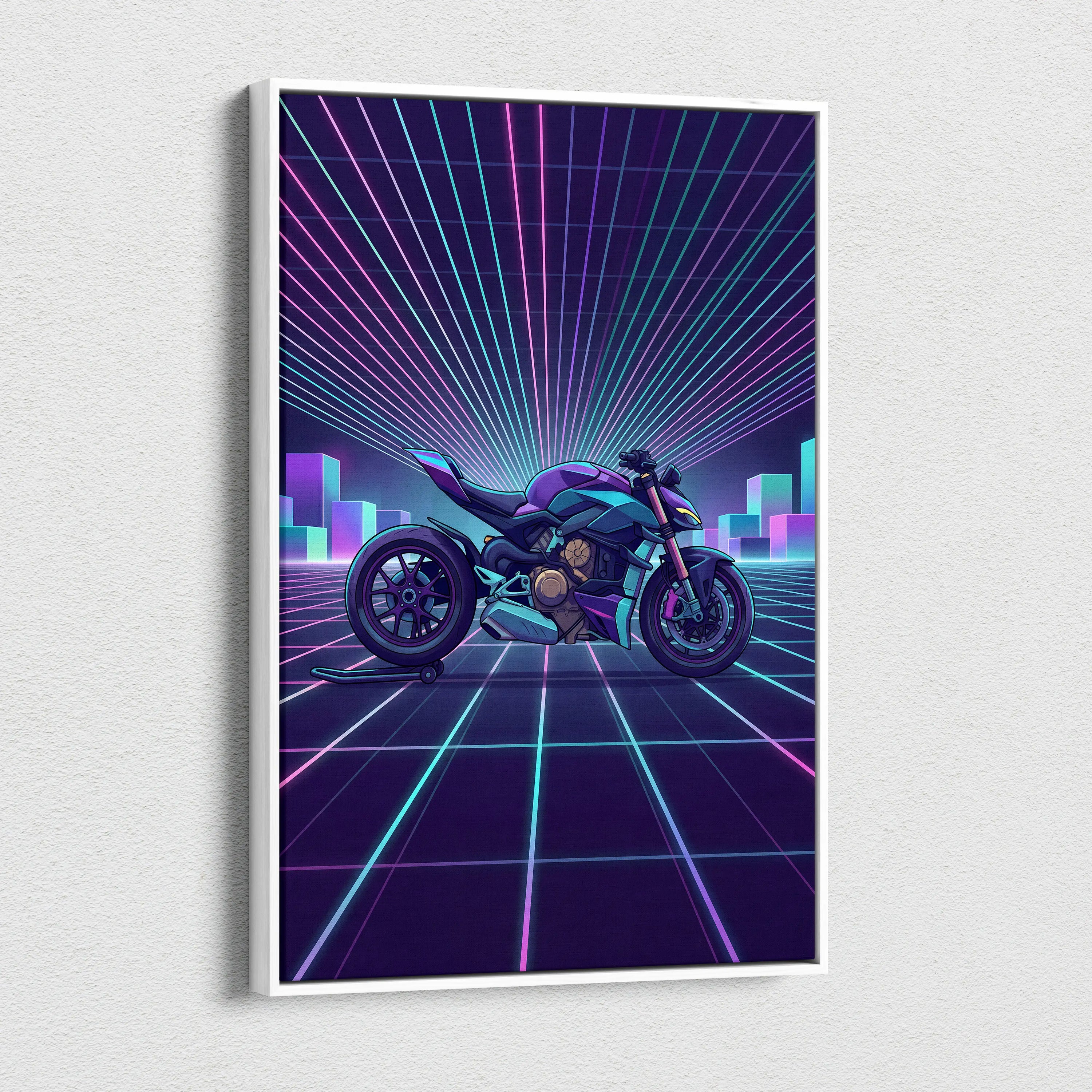 Ducati Streetfighter V4 Inspired Teal Purple Motorcycle Canvas Wall Art Vaporwave Neon Grid Superbike Artwork for Garage Decor Retro Futuristic Print