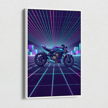 Ducati Streetfighter V4 Inspired Teal Purple Motorcycle Canvas Wall Art Vaporwave Neon Grid Superbike Artwork for Garage Decor Retro Futuristic Print