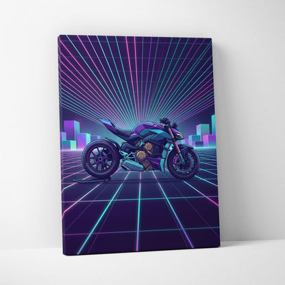 Ducati Streetfighter V4 Inspired Teal Purple Motorcycle Canvas Wall Art Vaporwave Neon Grid Superbike Artwork for Garage Decor Retro Futuristic Print