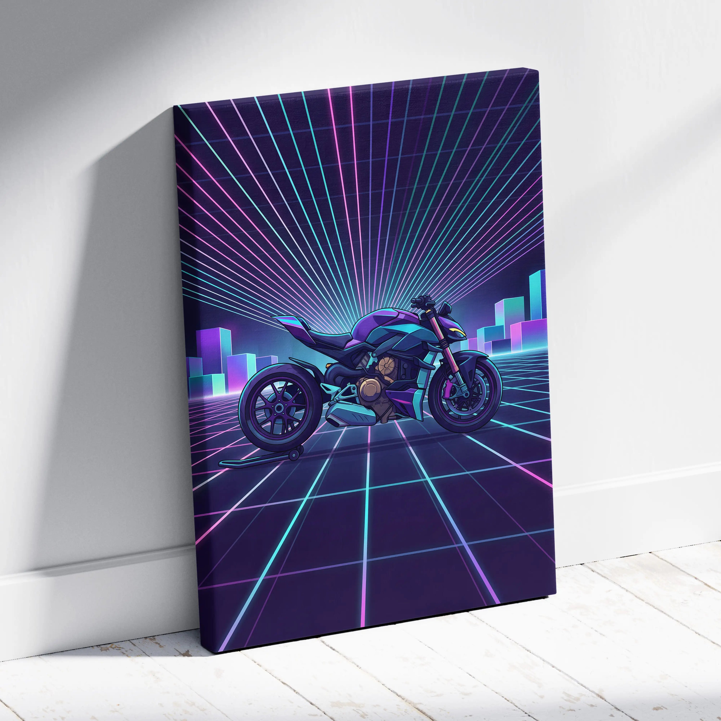 Ducati Streetfighter V4 Inspired Teal Purple Motorcycle Canvas Wall Art Vaporwave Neon Grid Superbike Artwork for Garage Decor Retro Futuristic Print