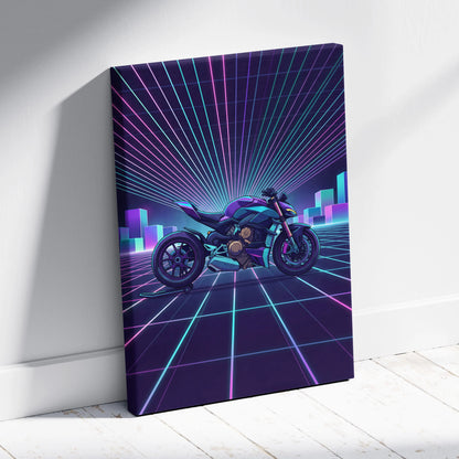 Ducati Streetfighter V4 Inspired Teal Purple Motorcycle Canvas Wall Art Vaporwave Neon Grid Superbike Artwork for Garage Decor Retro Futuristic Print