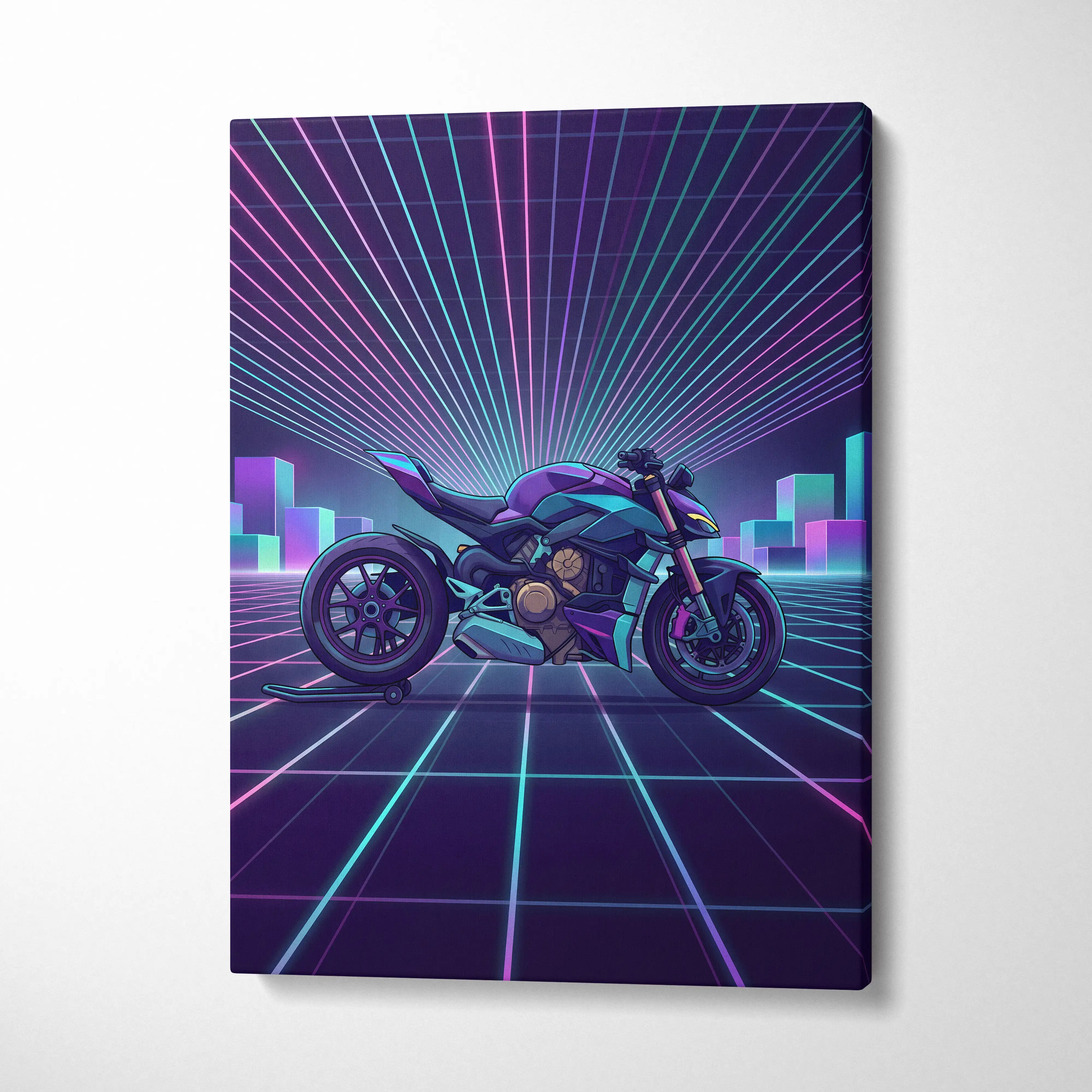 Ducati Streetfighter V4 Inspired Teal Purple Motorcycle Canvas Wall Art Vaporwave Neon Grid Superbike Artwork for Garage Decor Retro Futuristic Print