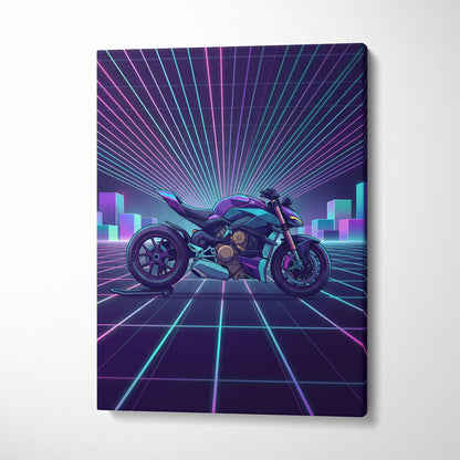Ducati Streetfighter V4 Inspired Teal Purple Motorcycle Canvas Wall Art Vaporwave Neon Grid Superbike Artwork for Garage Decor Retro Futuristic Print