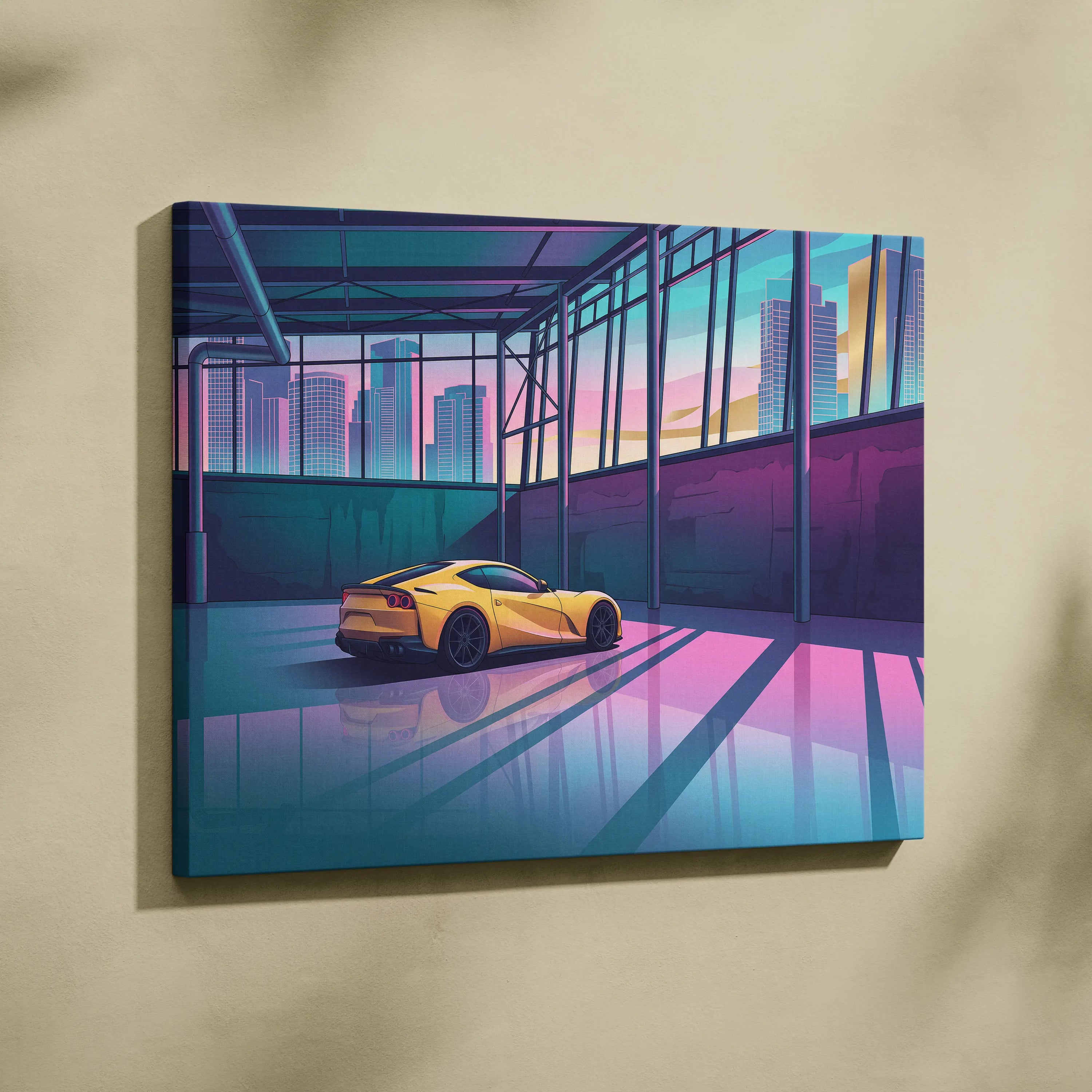 Ferrari 812 Superfast Inspired Yellow Teal Canvas Wall Art Vaporwave Supercar Artwork Neon Garage Decor Retro Futuristic City Print