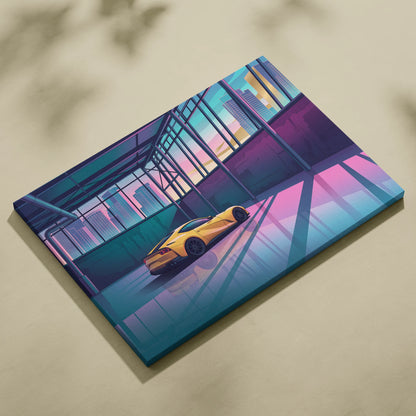 Ferrari 812 Superfast Inspired Yellow Teal Canvas Wall Art Vaporwave Supercar Artwork Neon Garage Decor Retro Futuristic City Print