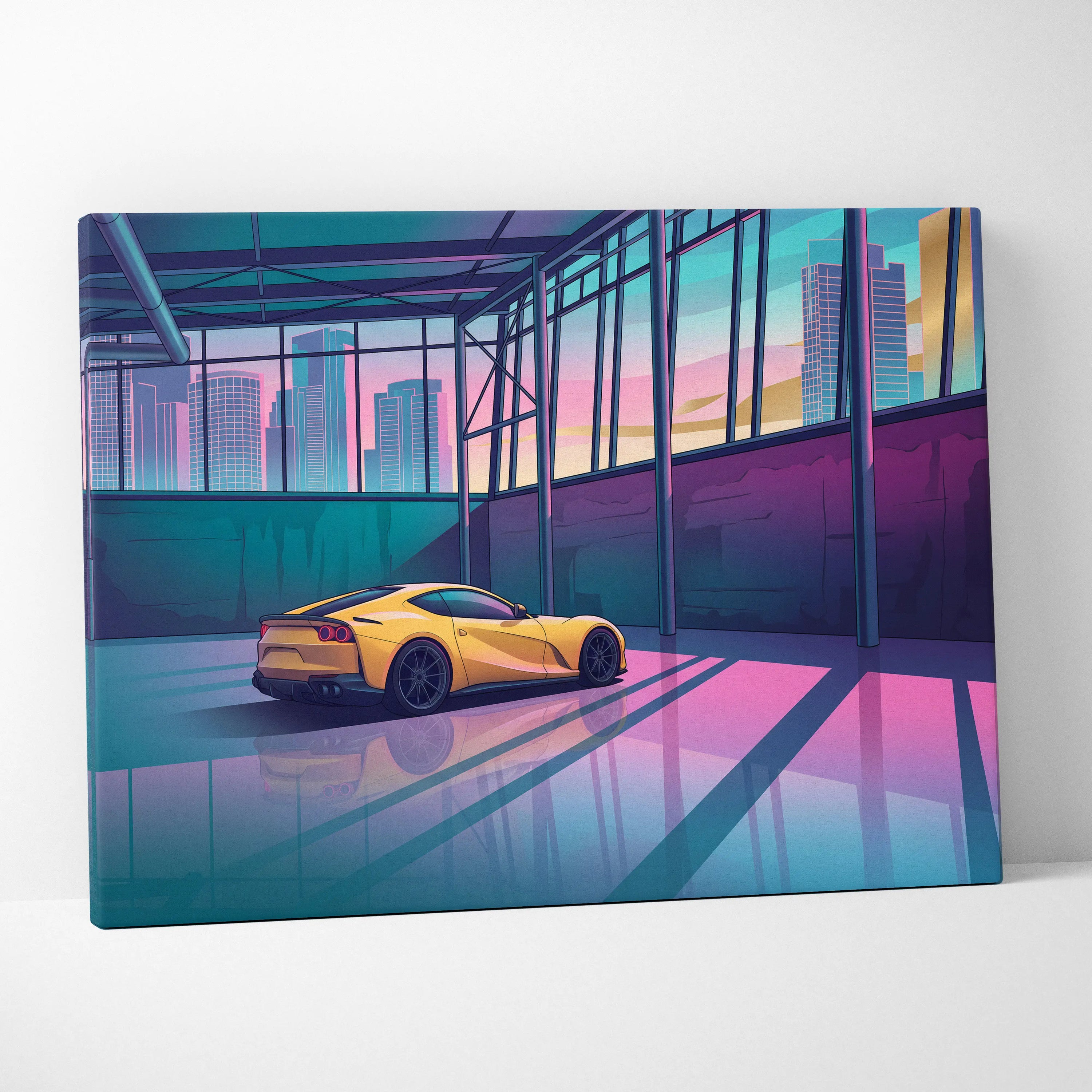 Ferrari 812 Superfast Inspired Yellow Teal Canvas Wall Art Vaporwave Supercar Artwork Neon Garage Decor Retro Futuristic City Print