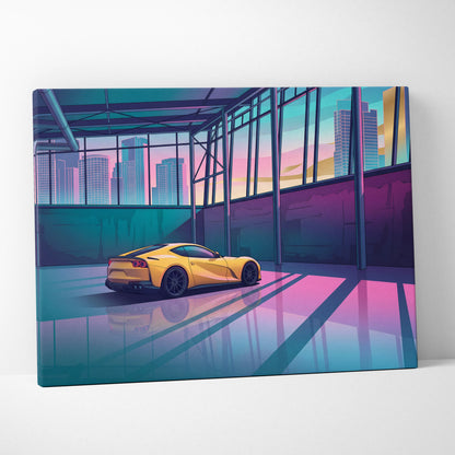 Ferrari 812 Superfast Inspired Yellow Teal Canvas Wall Art Vaporwave Supercar Artwork Neon Garage Decor Retro Futuristic City Print