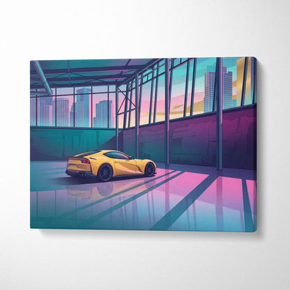 Ferrari 812 Superfast Inspired Yellow Teal Canvas Wall Art Vaporwave Supercar Artwork Neon Garage Decor Retro Futuristic City Print
