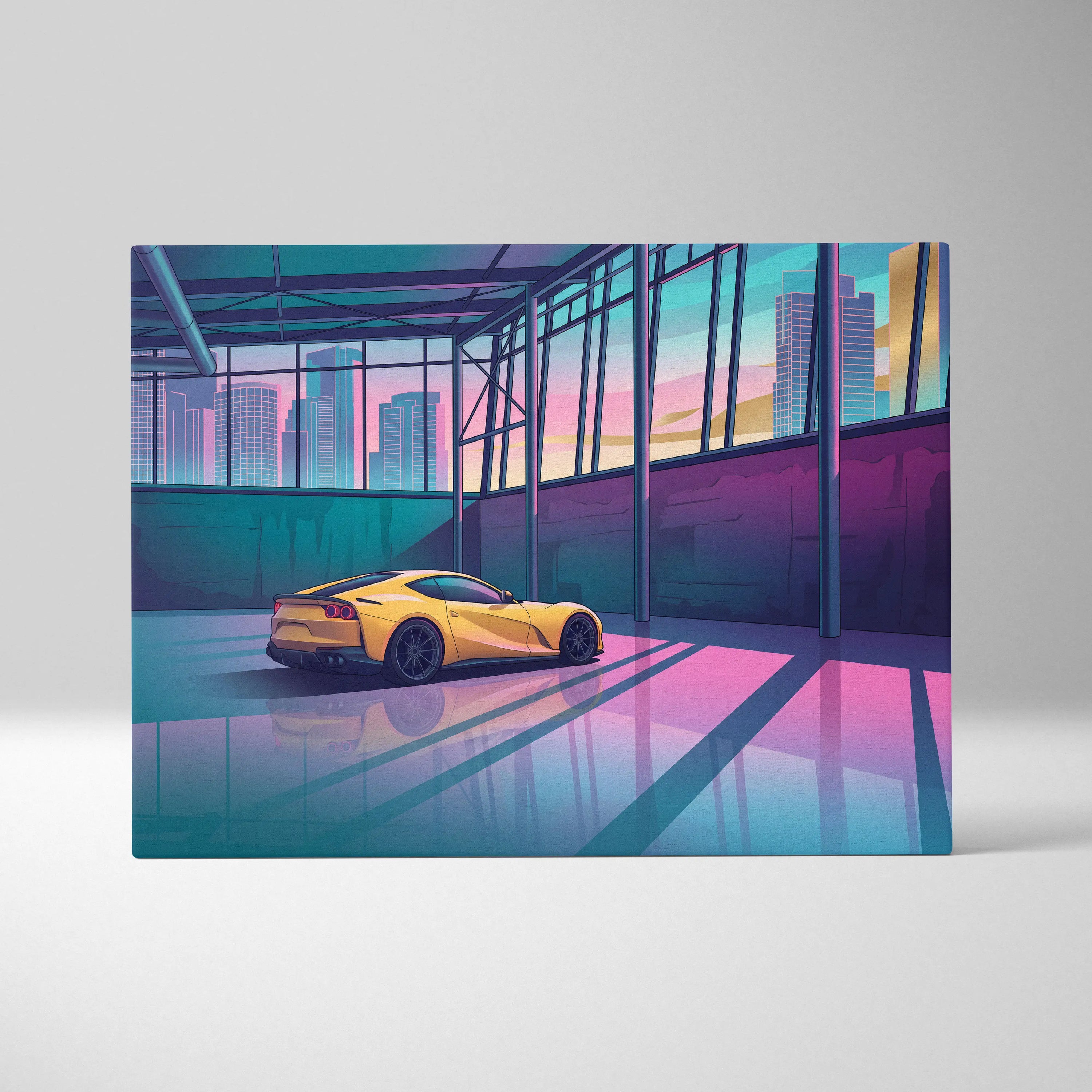 Ferrari 812 Superfast Inspired Yellow Teal Canvas Wall Art Vaporwave Supercar Artwork Neon Garage Decor Retro Futuristic City Print
