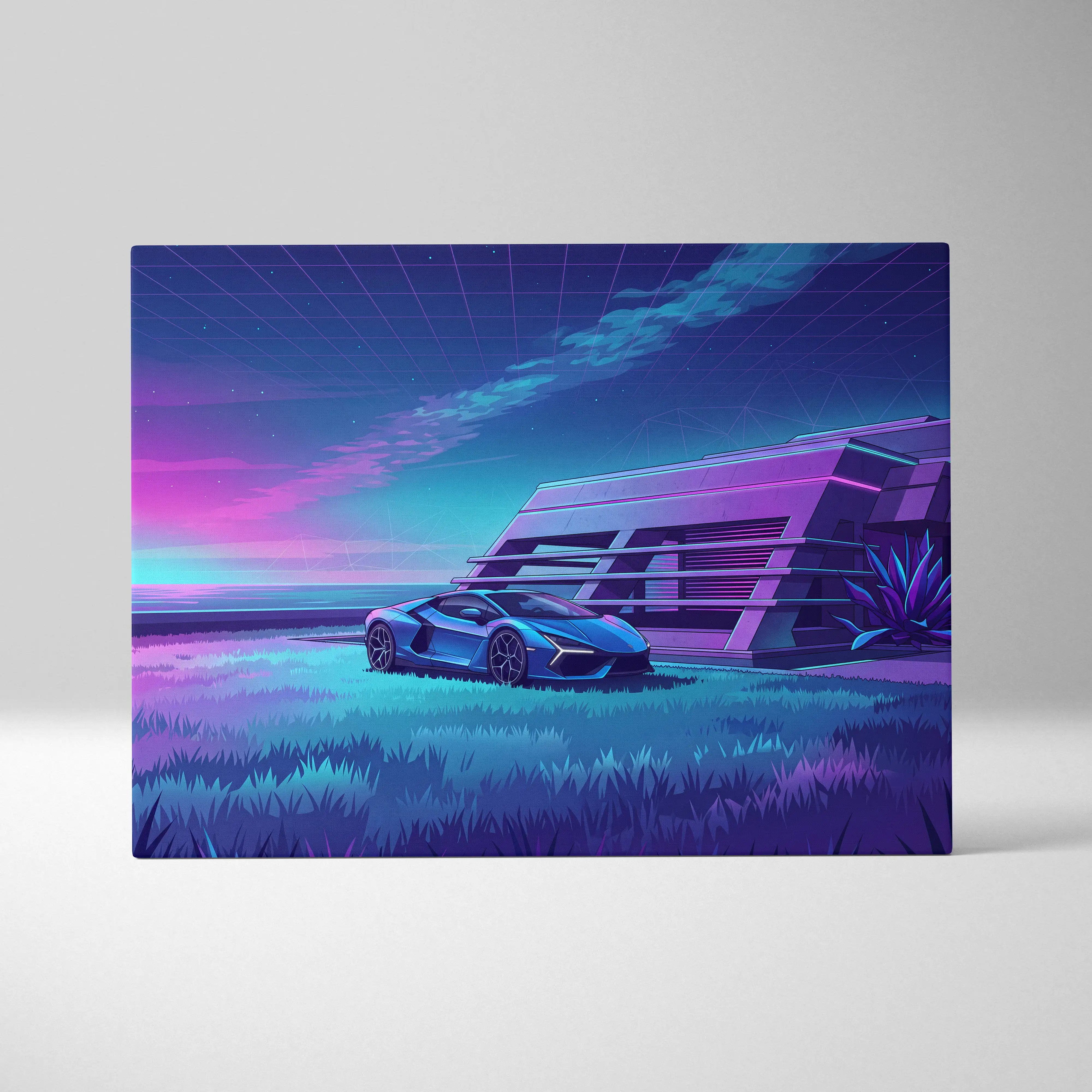Lamborghini Revuelto Inspired Blue Purple Canvas Wall Art, Vaporwave Neon House Garage Decor, Moody Futuristic Supercar Artwork
