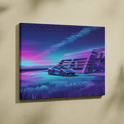 Lamborghini Revuelto Inspired Blue Purple Canvas Wall Art, Vaporwave Neon House Garage Decor, Moody Futuristic Supercar Artwork