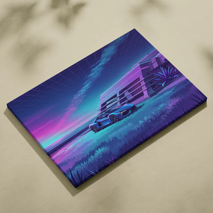 Lamborghini Revuelto Inspired Blue Purple Canvas Wall Art, Vaporwave Neon House Garage Decor, Moody Futuristic Supercar Artwork