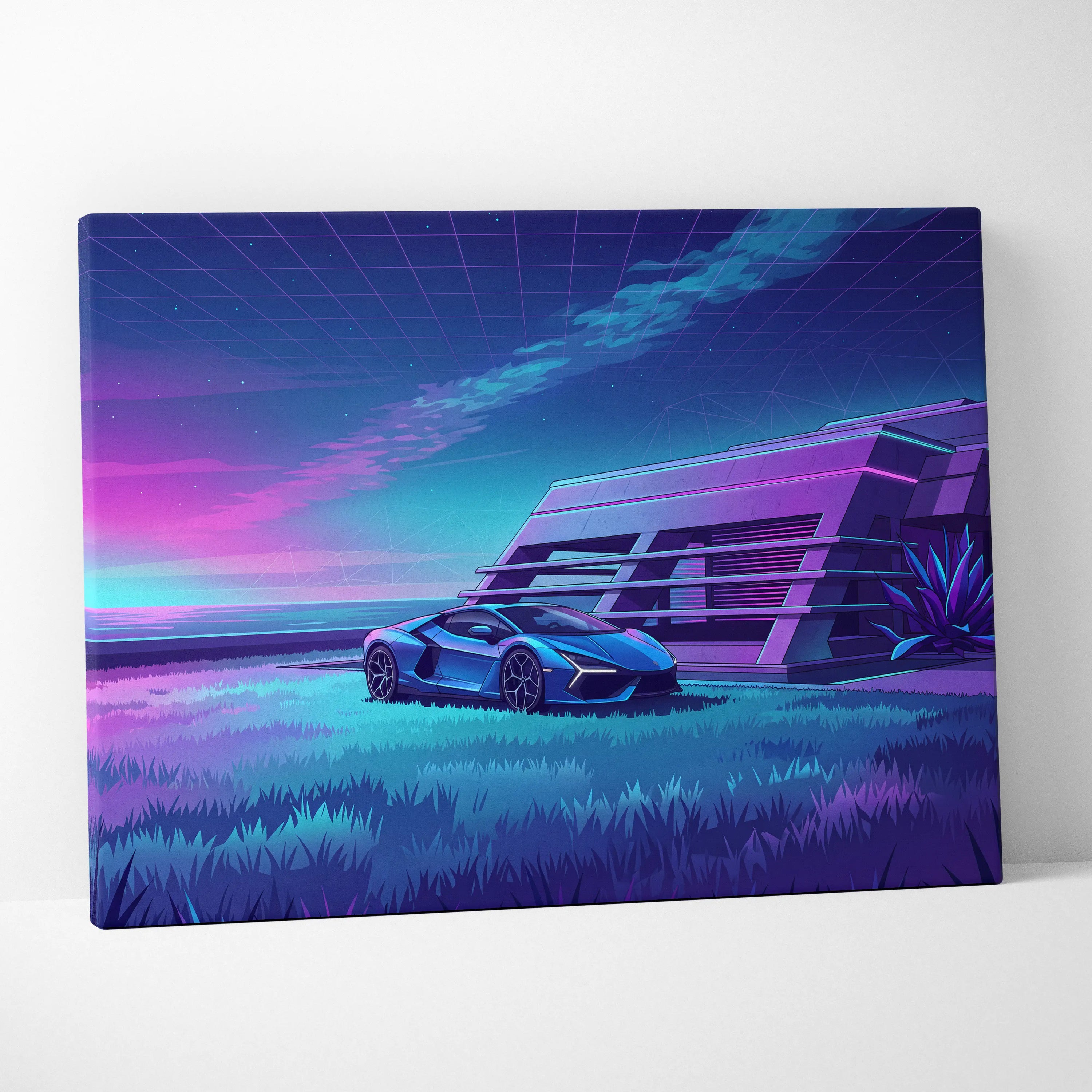 Lamborghini Revuelto Inspired Blue Purple Canvas Wall Art, Vaporwave Neon House Garage Decor, Moody Futuristic Supercar Artwork