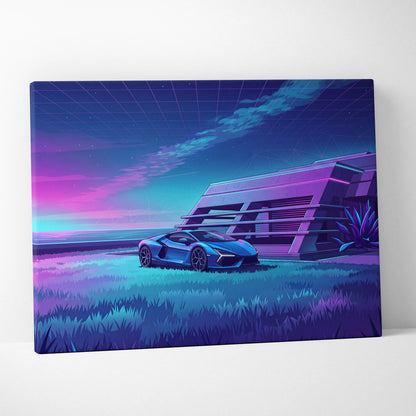 Lamborghini Revuelto Inspired Blue Purple Canvas Wall Art, Vaporwave Neon House Garage Decor, Moody Futuristic Supercar Artwork