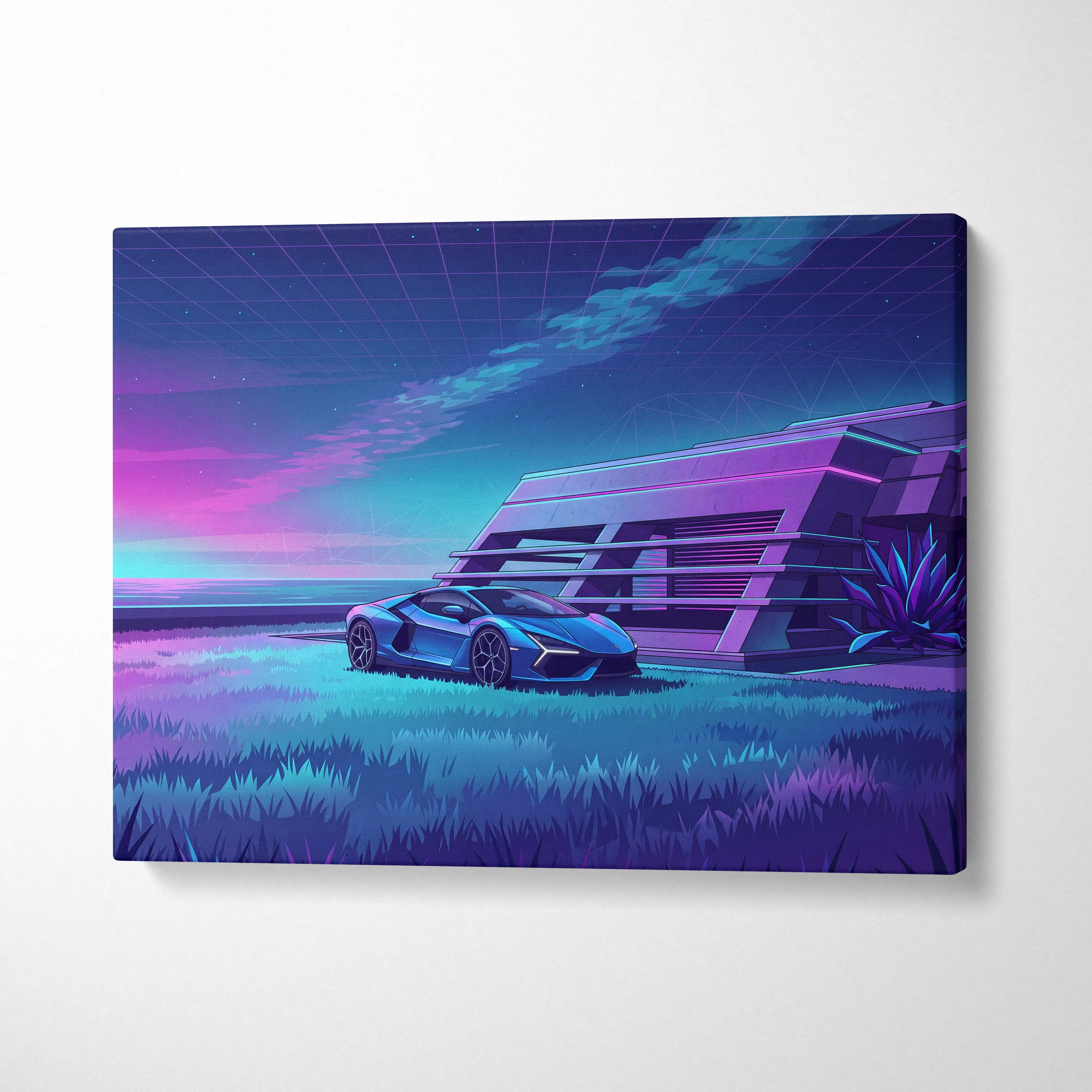 Lamborghini Revuelto Inspired Blue Purple Canvas Wall Art, Vaporwave Neon House Garage Decor, Moody Futuristic Supercar Artwork