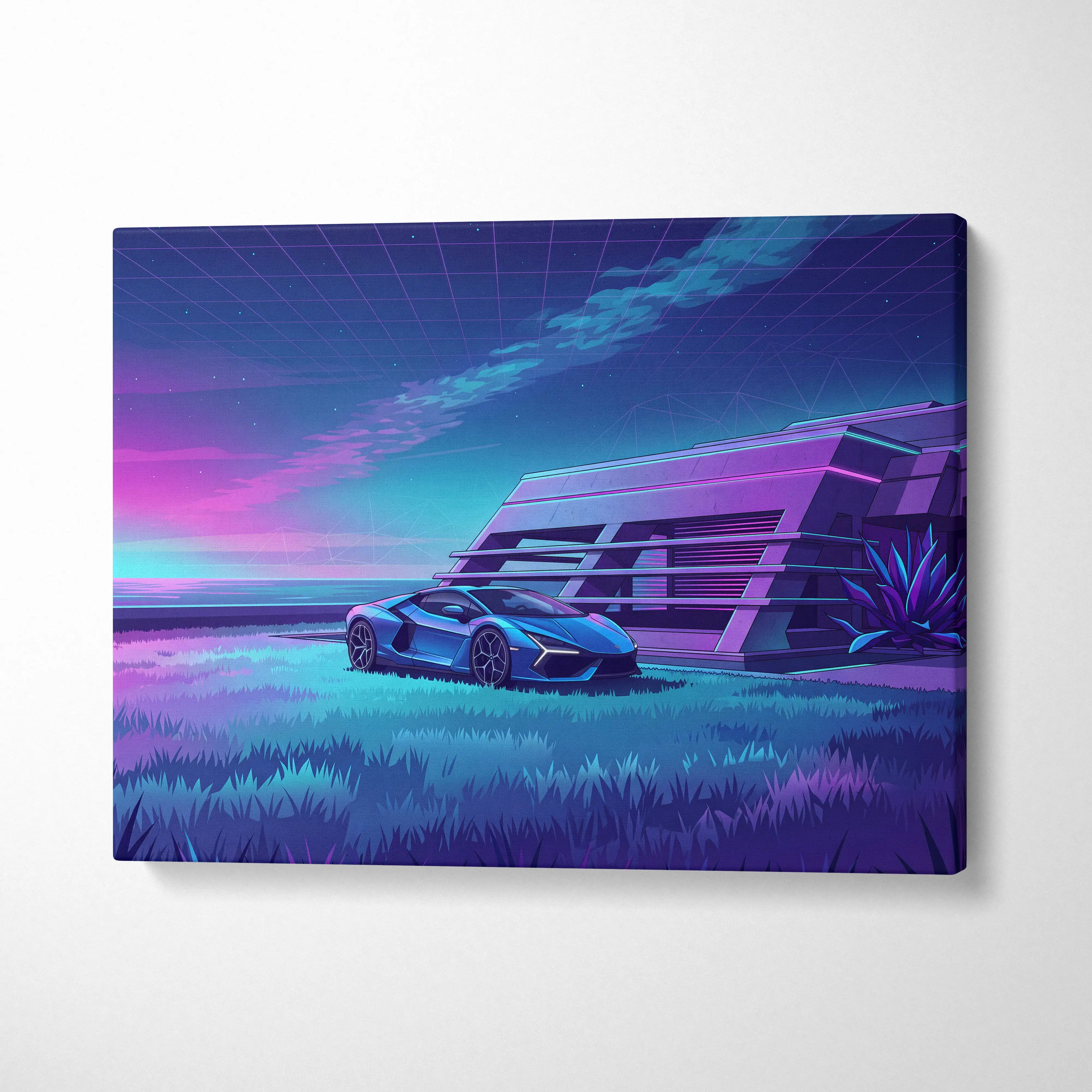 Lamborghini Revuelto Inspired Blue Purple Canvas Wall Art, Vaporwave Neon House Garage Decor, Moody Futuristic Supercar Artwork