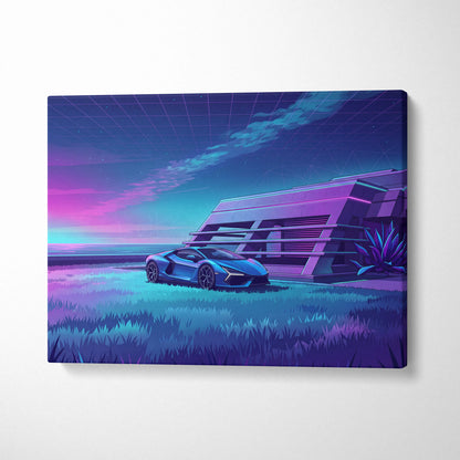 Lamborghini Revuelto Inspired Blue Purple Canvas Wall Art, Vaporwave Neon House Garage Decor, Moody Futuristic Supercar Artwork
