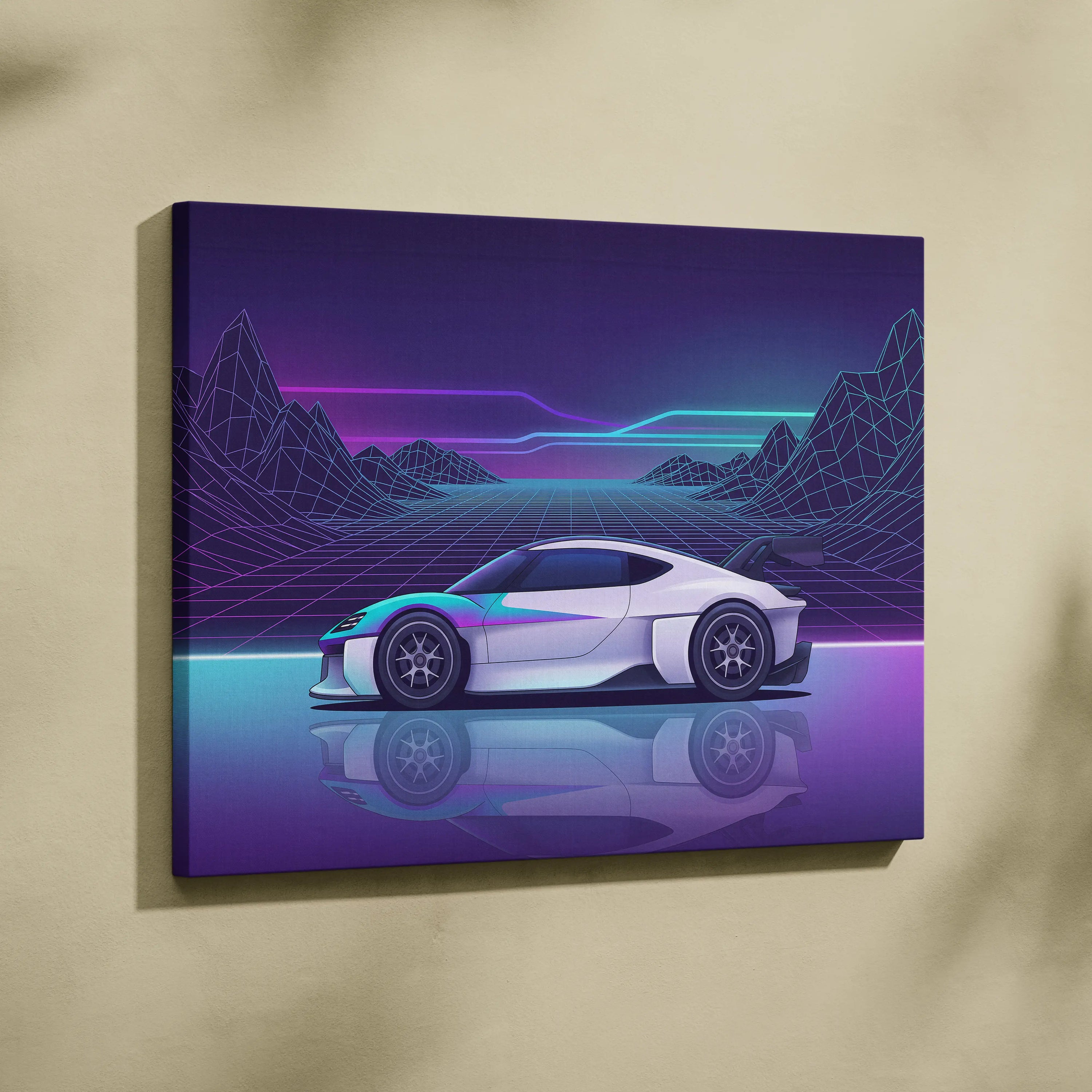 Porsche Mission R Inspired White Purple Canvas Wall Art Vaporwave Neon Grid Sports Car Artwork, Futuristic Concept Car Garage Decor