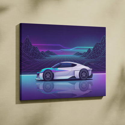 Porsche Mission R Inspired White Purple Canvas Wall Art Vaporwave Neon Grid Sports Car Artwork, Futuristic Concept Car Garage Decor