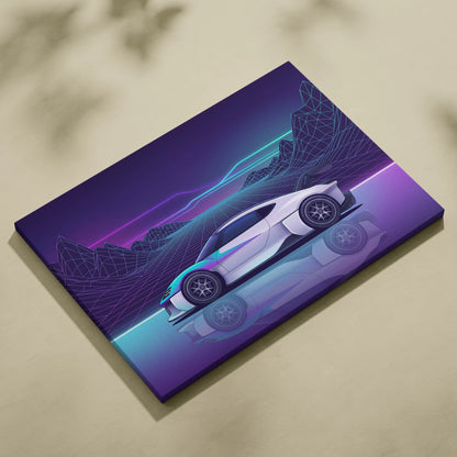 Porsche Mission R Inspired White Purple Canvas Wall Art Vaporwave Neon Grid Sports Car Artwork, Futuristic Concept Car Garage Decor