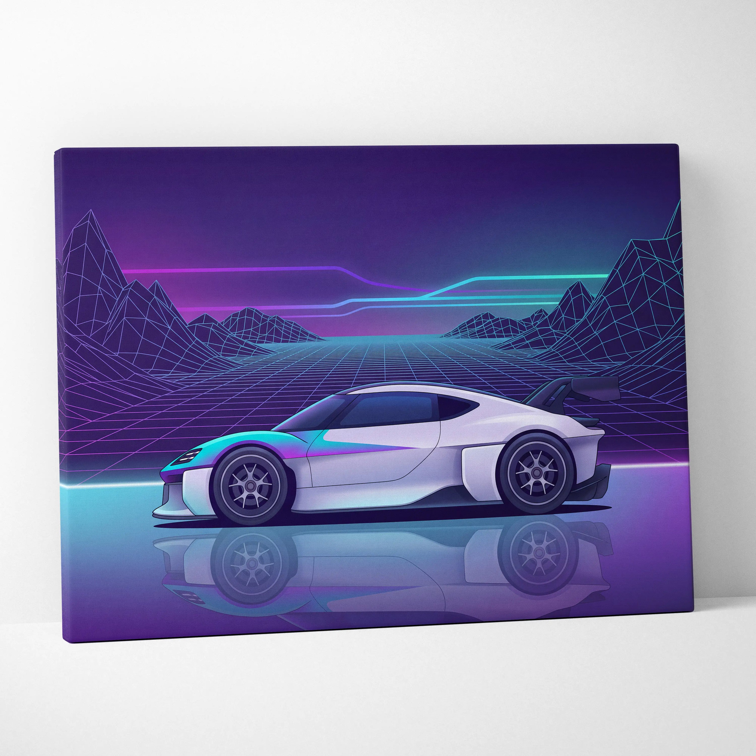 Porsche Mission R Inspired White Purple Canvas Wall Art Vaporwave Neon Grid Sports Car Artwork, Futuristic Concept Car Garage Decor