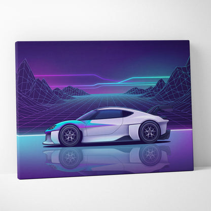 Porsche Mission R Inspired White Purple Canvas Wall Art Vaporwave Neon Grid Sports Car Artwork, Futuristic Concept Car Garage Decor
