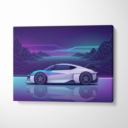 Porsche Mission R Inspired White Purple Canvas Wall Art Vaporwave Neon Grid Sports Car Artwork, Futuristic Concept Car Garage Decor