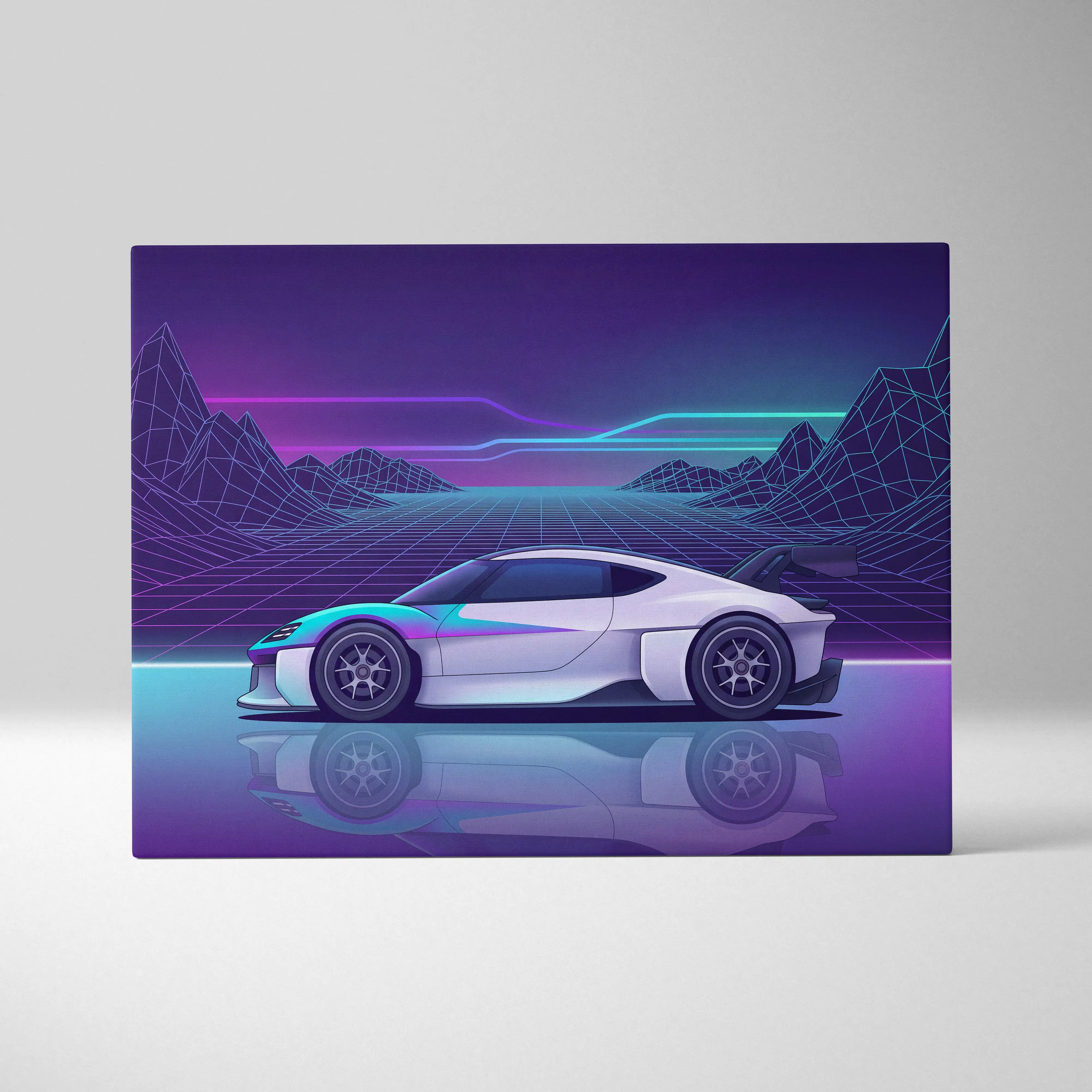 Porsche Mission R Inspired White Purple Canvas Wall Art Vaporwave Neon Grid Sports Car Artwork, Futuristic Concept Car Garage Decor
