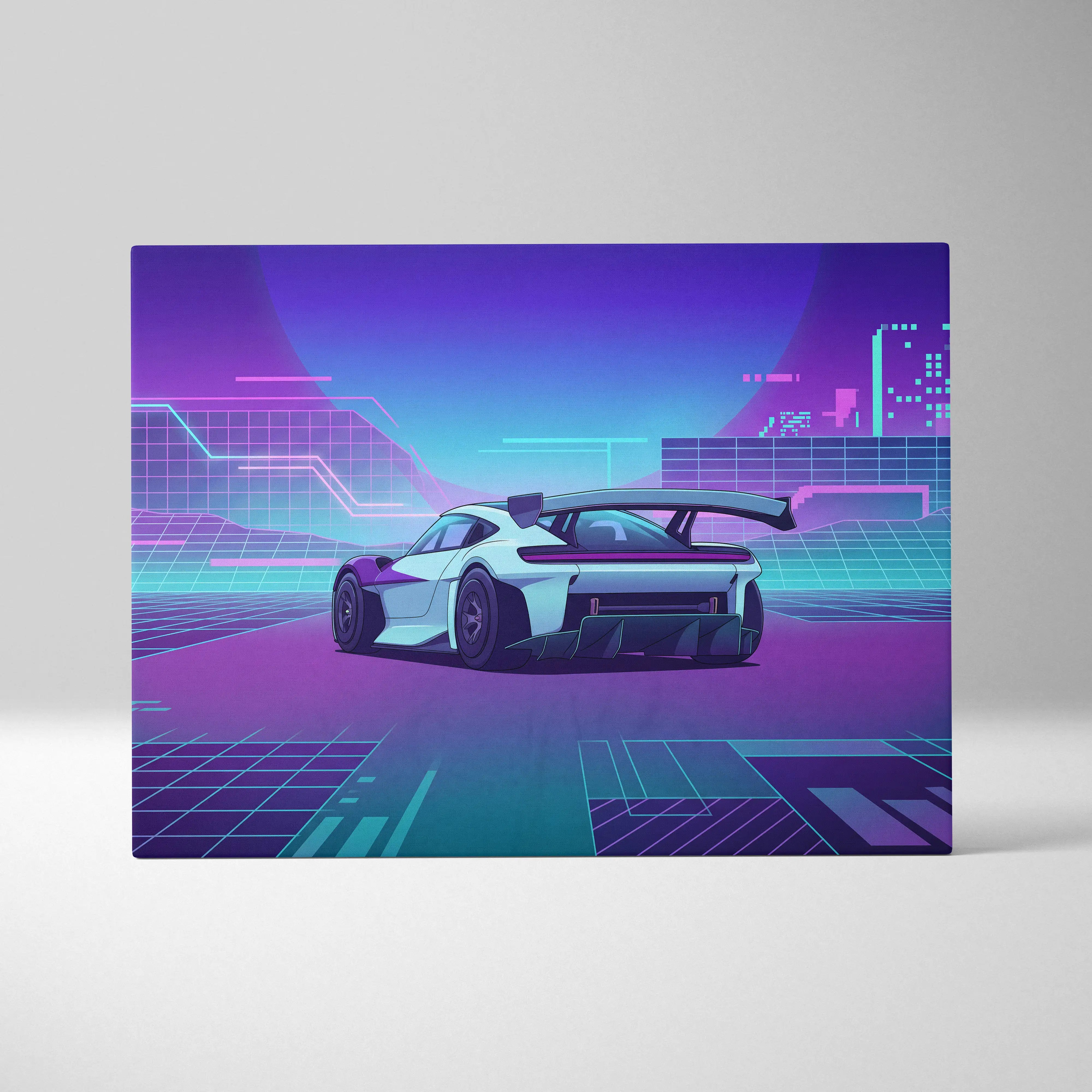Porsche Mission R Inspired White Purple Canvas Wall Art Vaporwave Neon City Concept Car Artwork, Cyberpunk Garage Decor
