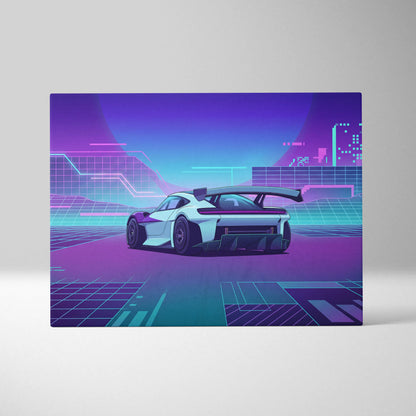 Porsche Mission R Inspired White Purple Canvas Wall Art Vaporwave Neon City Concept Car Artwork, Cyberpunk Garage Decor