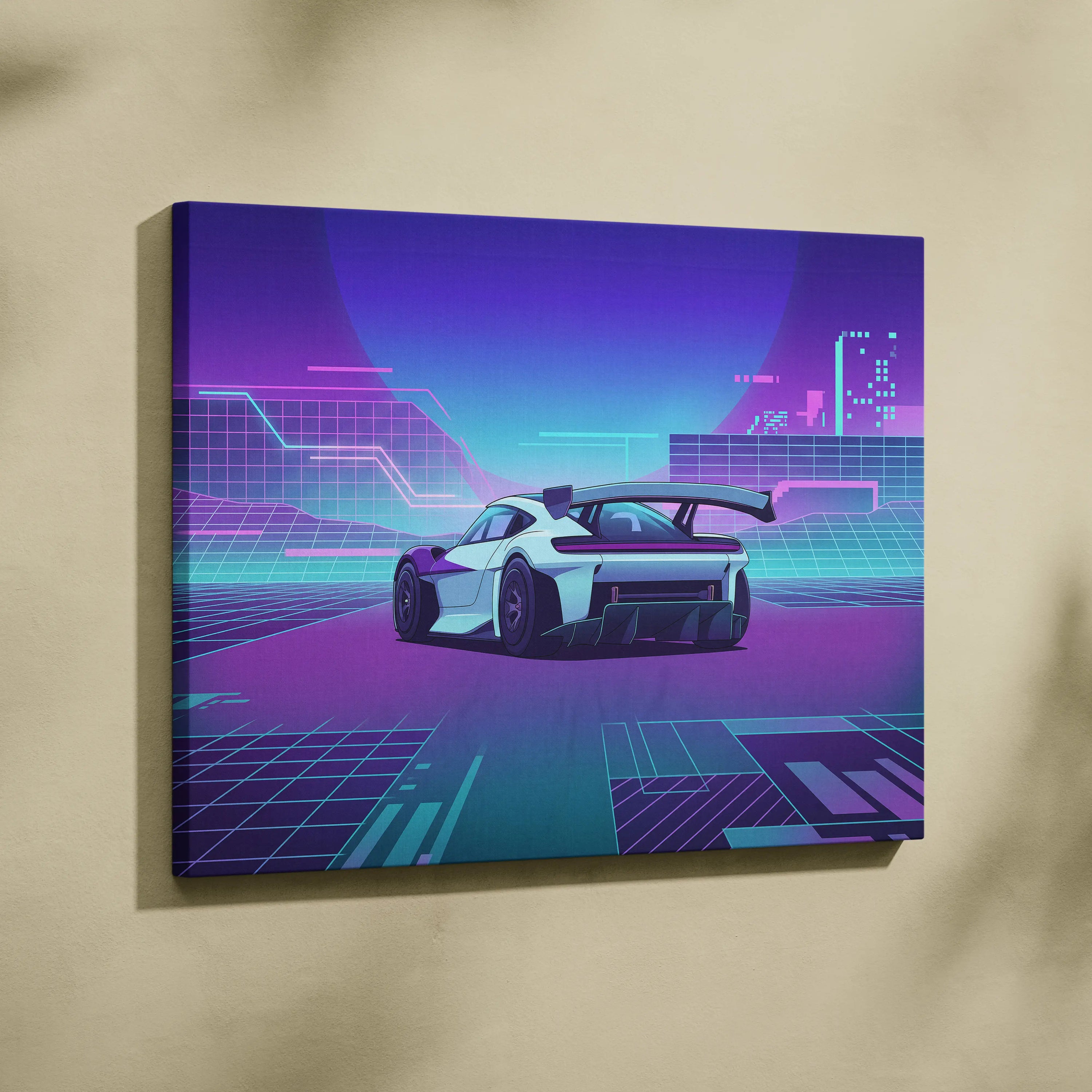 Porsche Mission R Inspired White Purple Canvas Wall Art Vaporwave Neon City Concept Car Artwork, Cyberpunk Garage Decor