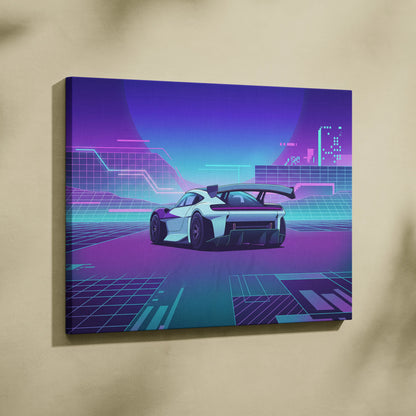 Porsche Mission R Inspired White Purple Canvas Wall Art Vaporwave Neon City Concept Car Artwork, Cyberpunk Garage Decor