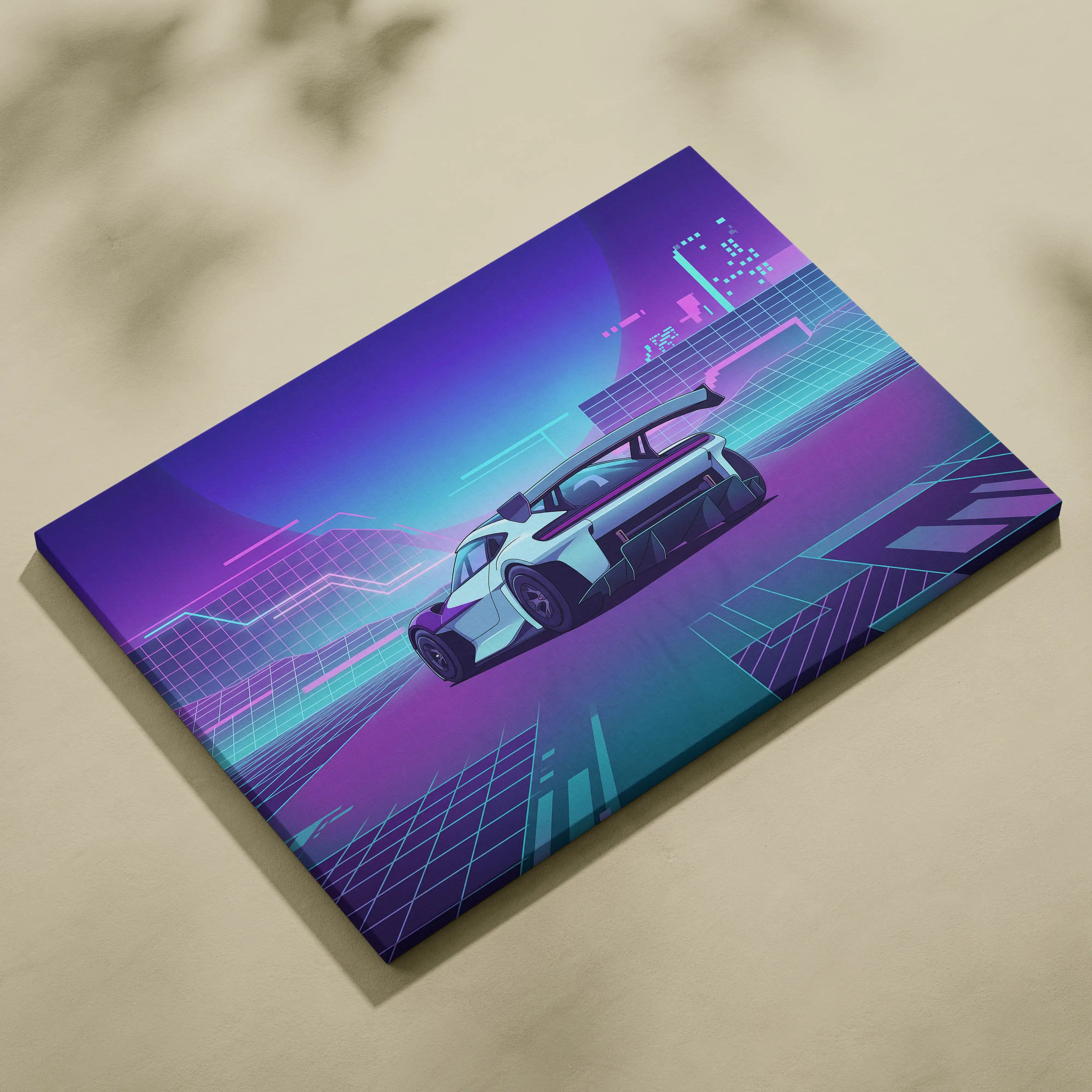 Porsche Mission R Inspired White Purple Canvas Wall Art Vaporwave Neon City Concept Car Artwork, Cyberpunk Garage Decor