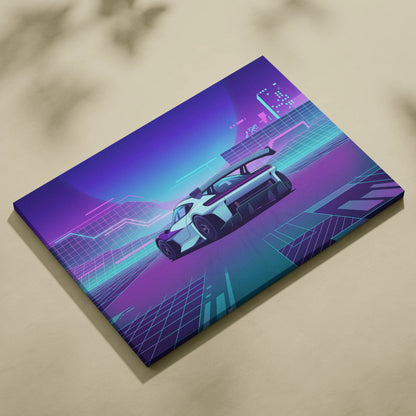 Porsche Mission R Inspired White Purple Canvas Wall Art Vaporwave Neon City Concept Car Artwork, Cyberpunk Garage Decor