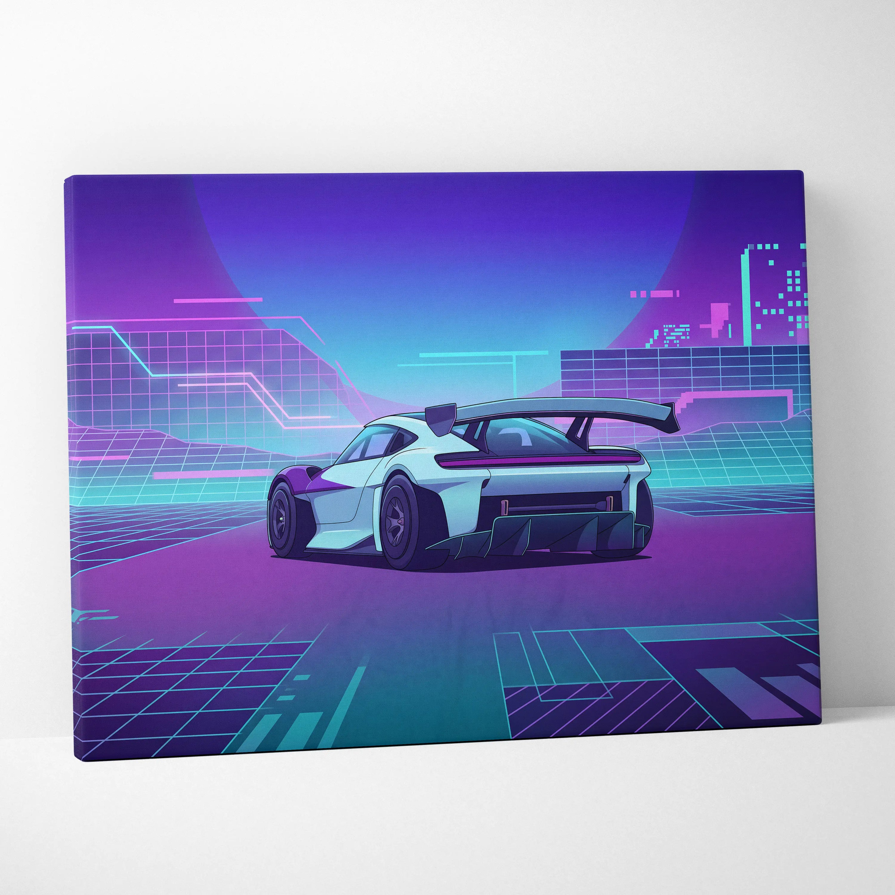 Porsche Mission R Inspired White Purple Canvas Wall Art Vaporwave Neon City Concept Car Artwork, Cyberpunk Garage Decor