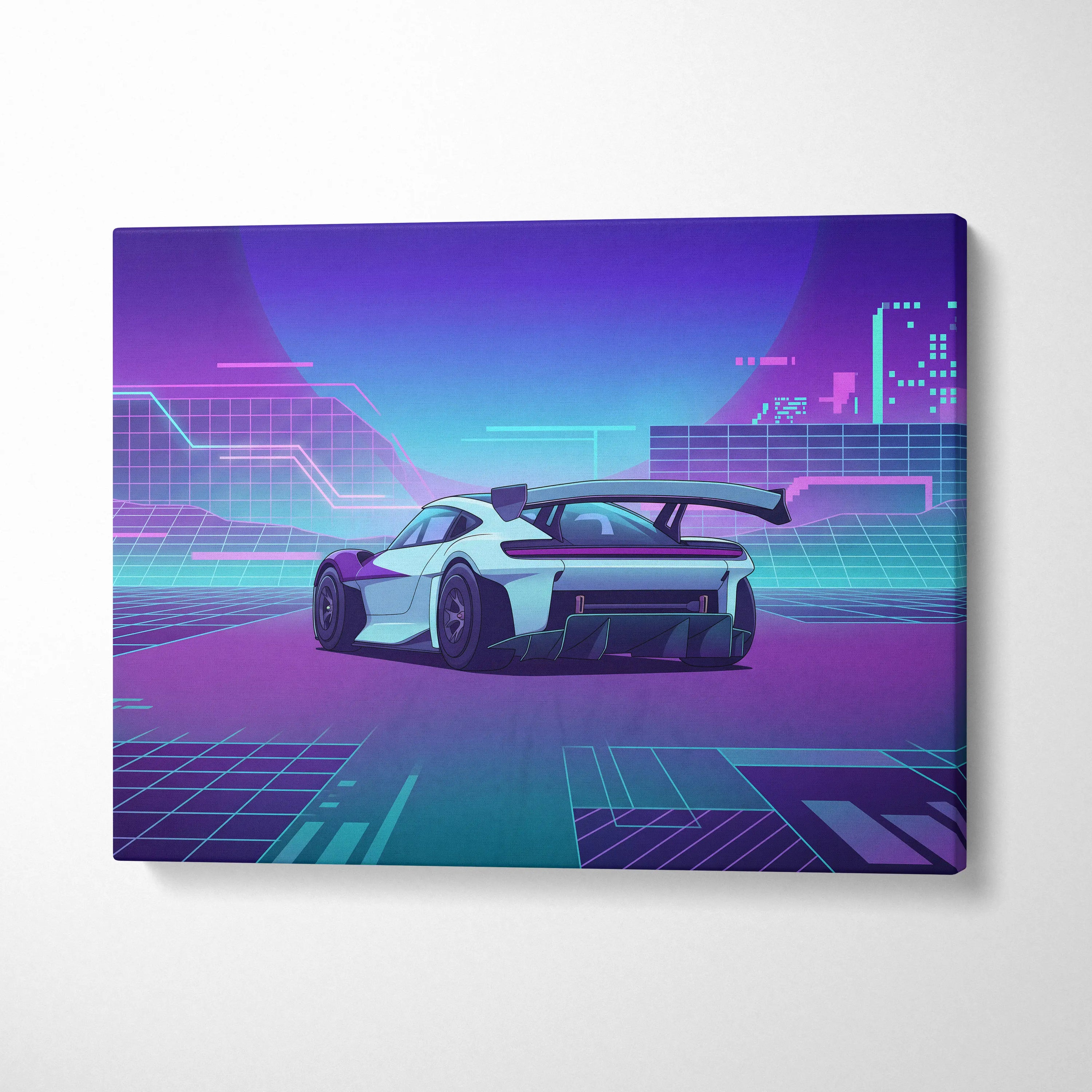Porsche Mission R Inspired White Purple Canvas Wall Art Vaporwave Neon City Concept Car Artwork, Cyberpunk Garage Decor