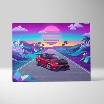Ford Mustang GTD Inspired Red Vaporwave Canvas Wall Art, Neon Sunset Pixel Road, Retro Futuristic Garage Decor, Sports Car Artwork